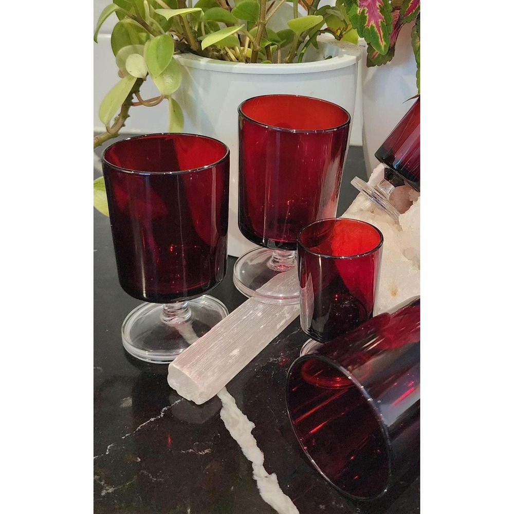 Vintage Ruby Red Glass Set 10pc Mid Century Goblets Cordials Christmas Barware